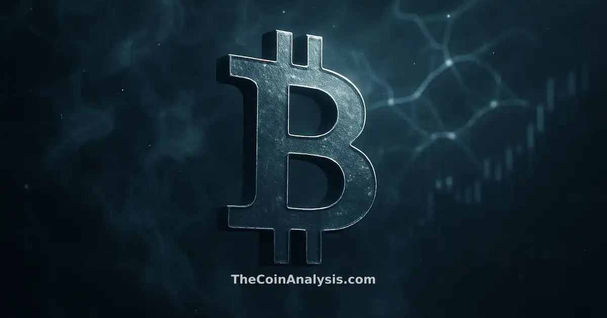 Symbole Bitcoin métallique flottant dans une lumière bleutée, filaments lumineux et bougies de marché en arrière-plan