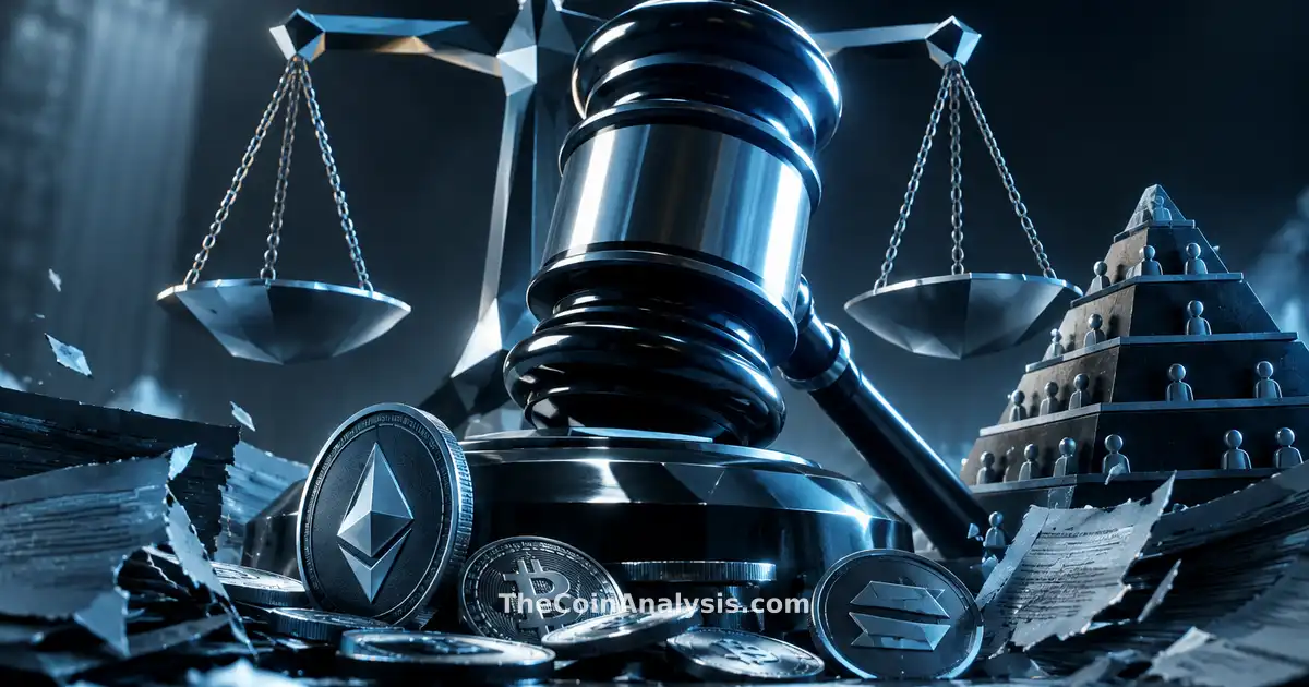 Gavel de juge stylisé entouré de balances géométriques et documents fragmentés sur fond sombre bleu-gris.