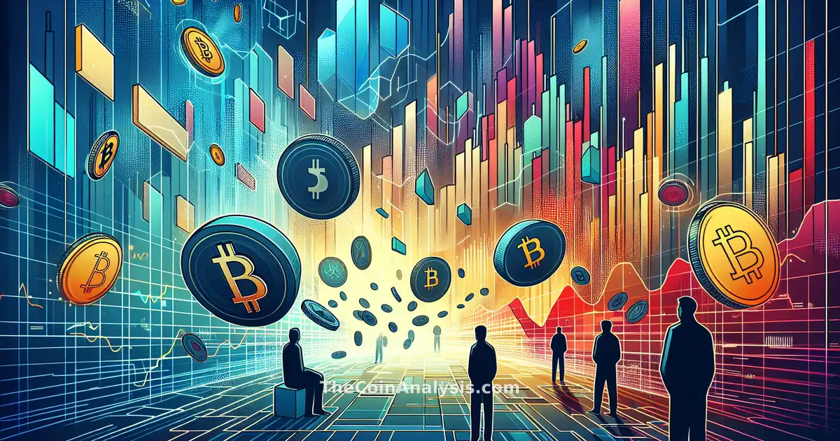 Illustration géométrique colorée mêlant pièces de crypto, graphiques financiers et silhouettes mystérieuses.