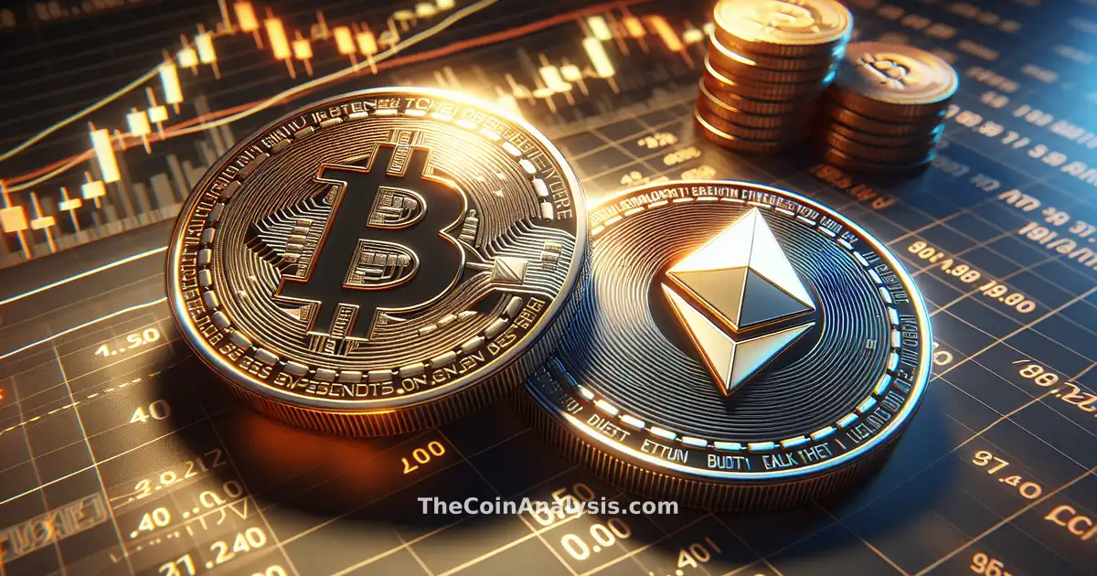 Pièces 3D brillantes de Bitcoin et Ethereum avec graphique de chandeliers boursiers en arrière-plan sombre.