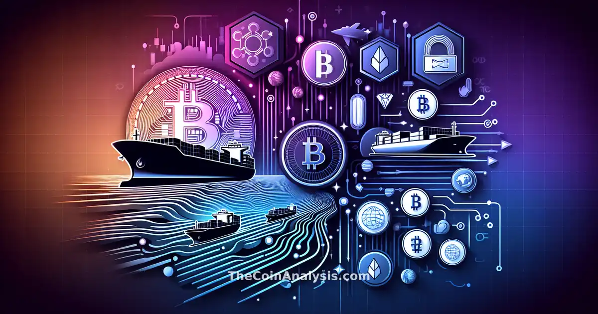 Illustration numérique montrant des pétroliers traversant un détroit stylisé avec des icônes Bitcoin futuristes.