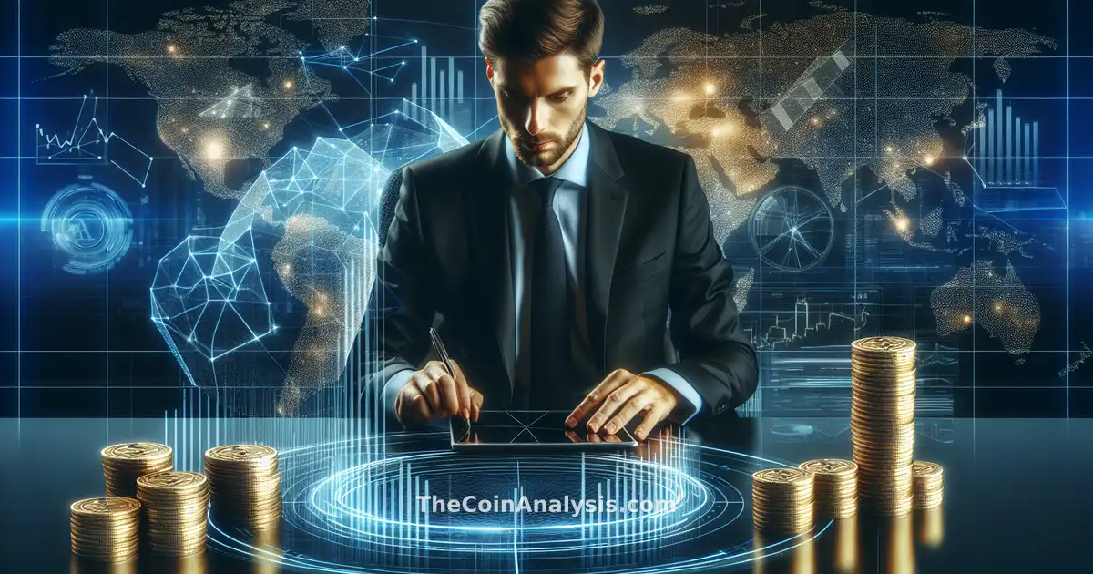 Michael Saylor analysant des graphiques Bitcoin numériques dans un newsroom futuriste, avec des piles de pièces virtuelles.