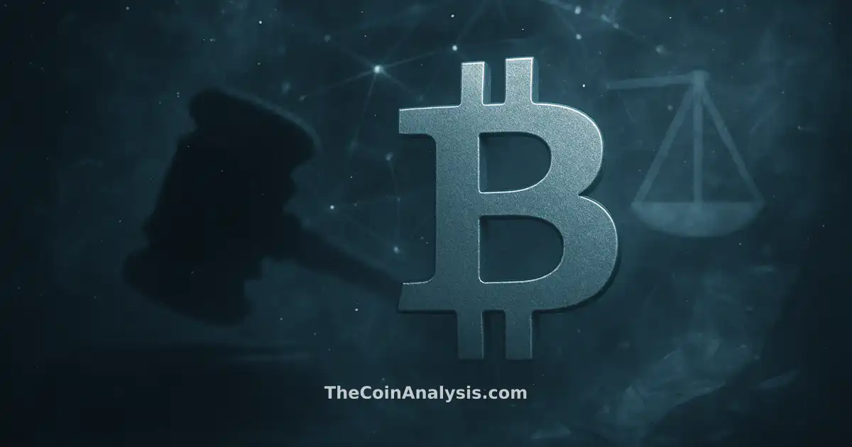 Symbole Bitcoin stylisé entouré d’un marteau de justice, balances géométriques et fragments de documents numériques.
