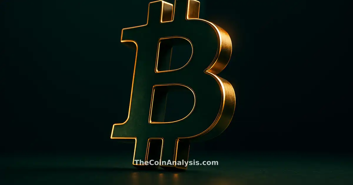 Symbole Bitcoin 3D brillant avec éclairage doré, fond bleu marine flou évoquant une division profonde.