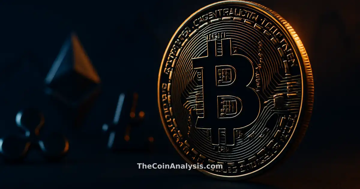 Pièce Bitcoin 3D brillante en lumière dorée sur fond bleu marine sombre avec ombres dramatiques et flou artistique
