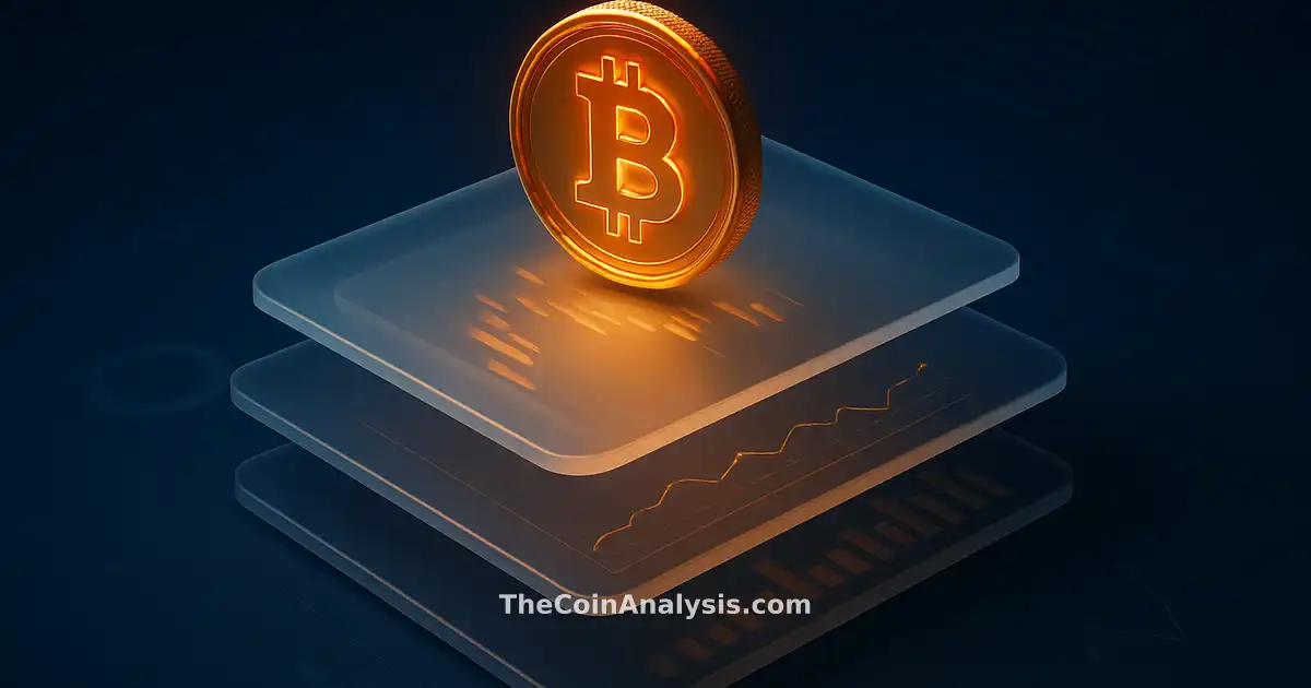 Pièce de Bitcoin stylisée lumineuse posée sur panneaux de verre givré avec graphiques de données holographiques.