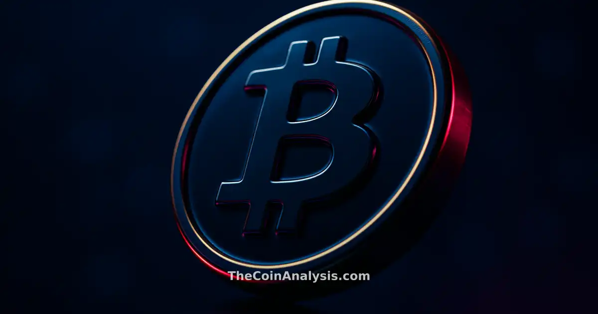 Pièce Bitcoin 3D brillante avec contour doré, éclairage dramatique bleu nuit et magenta sur fond flou marine.