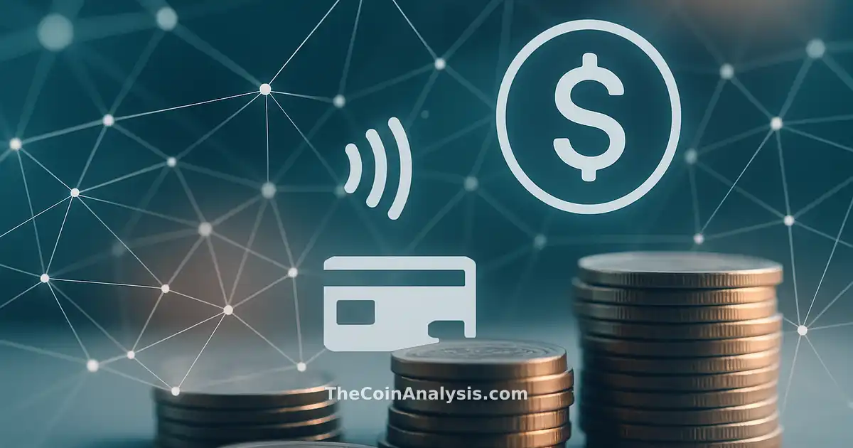 Illustration numérique de pièces de monnaie stylisées avec connexions réseau lumineuses symbolisant les stablecoins.