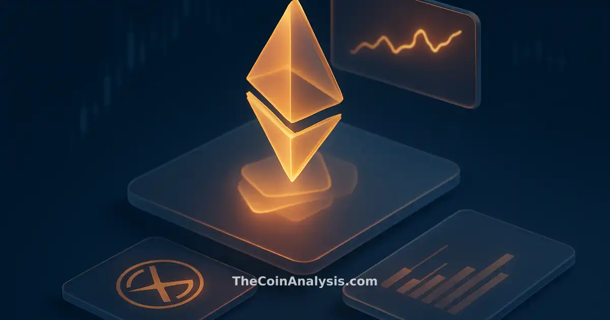 Illustration isométrique avec symboles Ethereum translucides et duplication fluide de tokens sur fond bleu nuit et ambre.