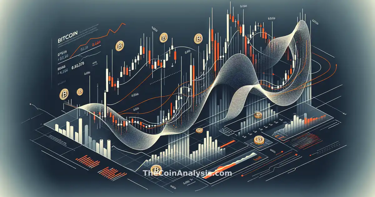 Infographie moderne illustrant la courbe volatile du Bitcoin entre 55 000 $ et 71 000 $ avec chandeliers financiers.