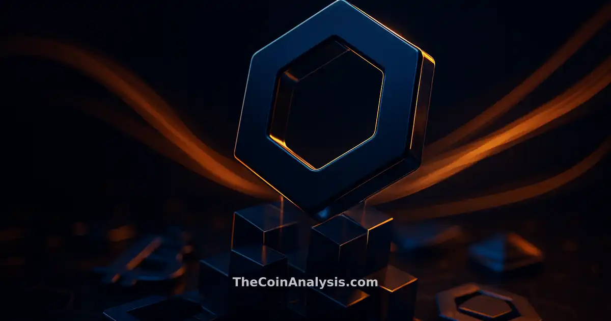 Symbole Chainlink 3D brillant émergeant de blocs translucides avec rubans de données ambrés sur fond sombre.