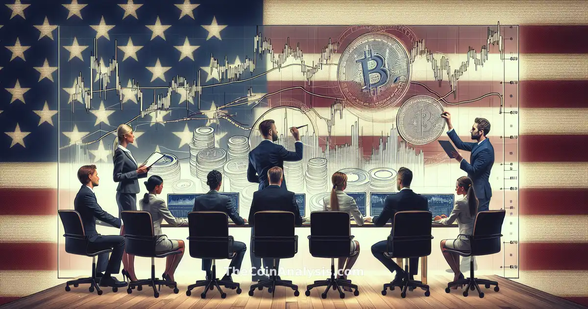 Professionnels divers analysant des graphiques numériques futuristes avec Bitcoin et drapeau américain en arrière-plan.