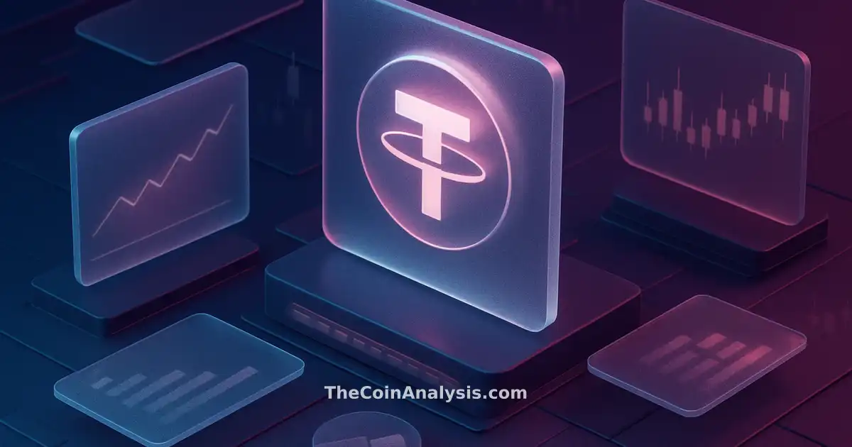 Illustration isométrique futuriste avec symbole Tether holographique, panneaux en verre givré et graphiques de trading.