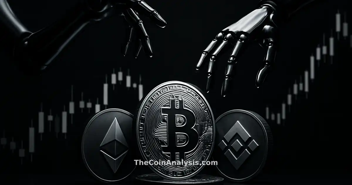 Bras robotiques brillants manipulant des pièces 3D de crypto-monnaie devant un graphique en chandelier dramatique.