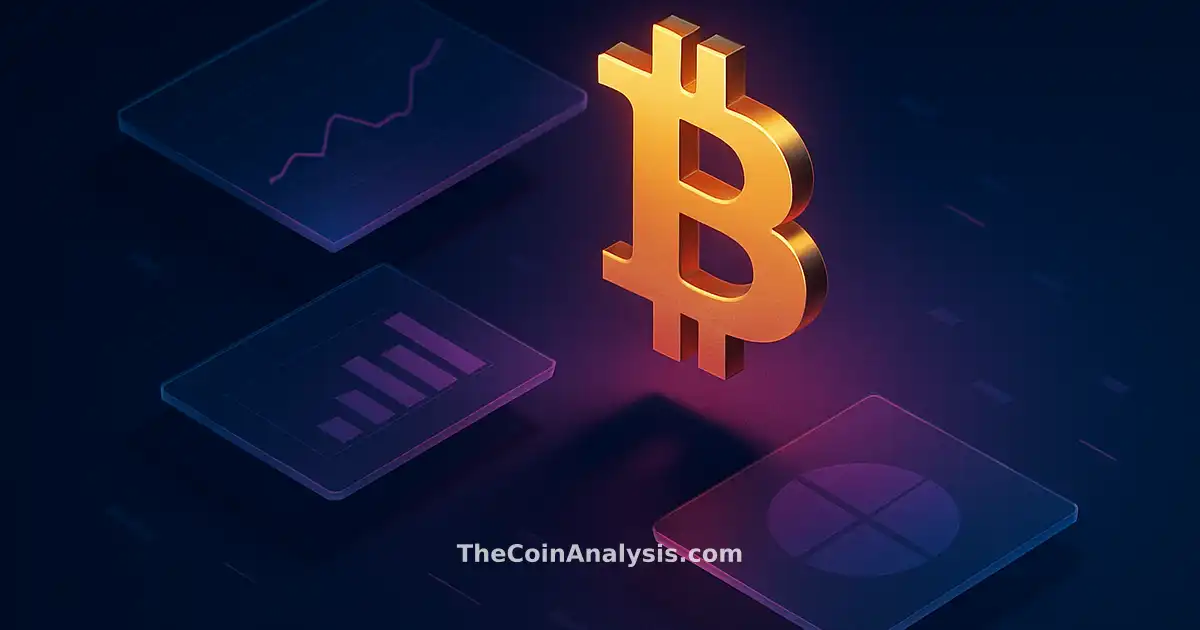 Symbole Bitcoin stylisé en lumière dorée flottant sur fond bleu nuit avec panneaux vitrifiés et reflets holographiques