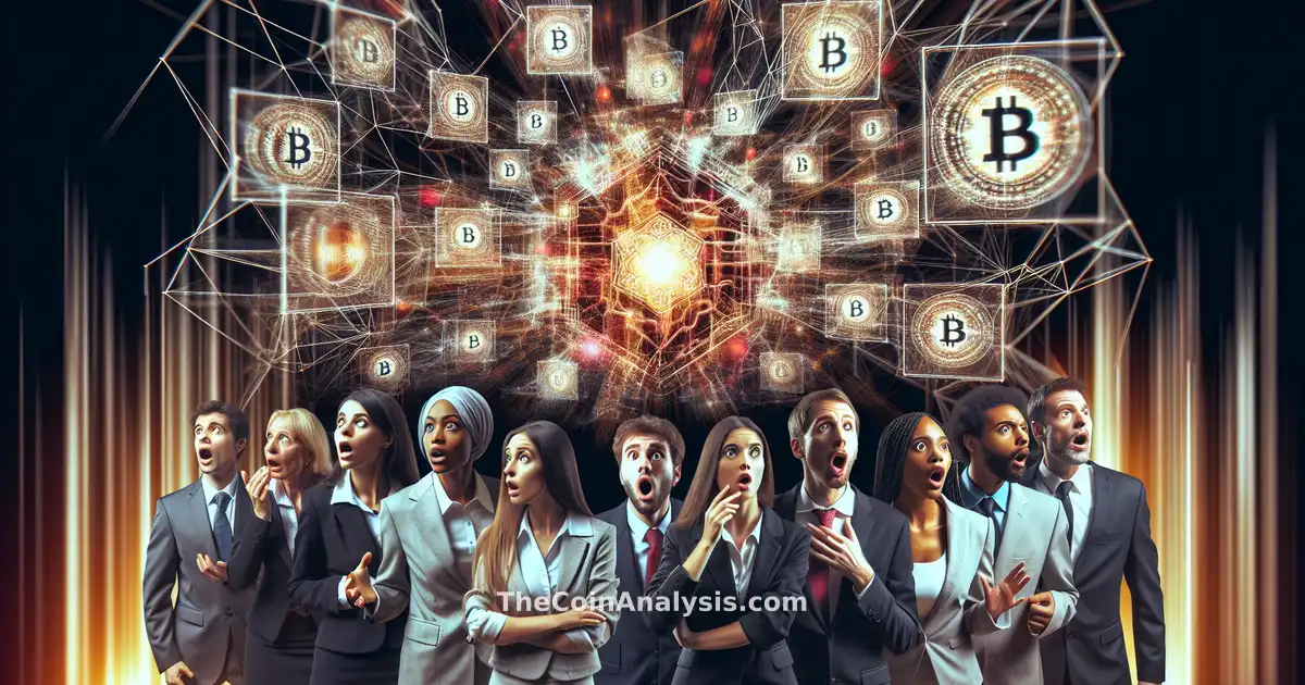 Analystes inquiets devant écrans affichant réseaux blockchain et interfaces DeFi complexes en arrière-plan.