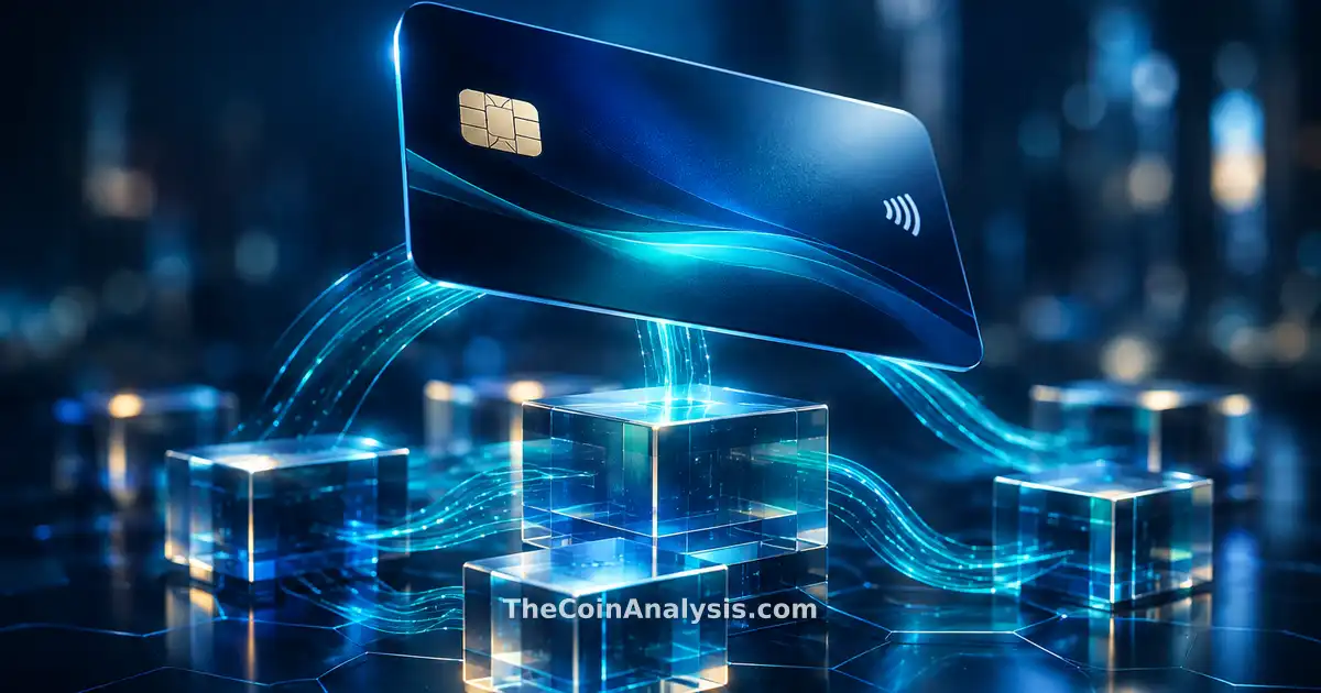 Carte de paiement 3D brillante flottant au-dessus de blocs translucides interconnectés avec rubans de données.