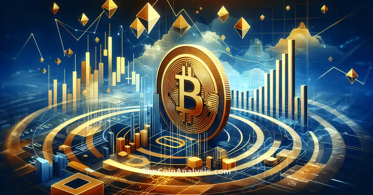 Illustration numérique de pièces Bitcoin dorées sur fond de graphiques financiers bleus dynamiques en mouvement.