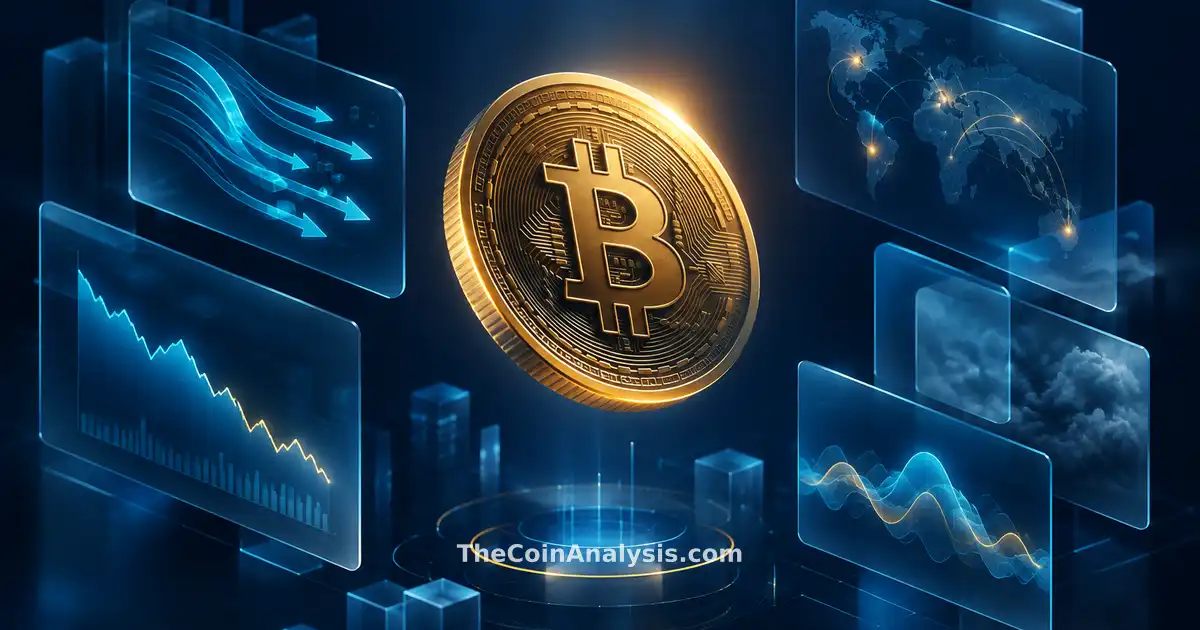 Bitcoin stylisé flottant sur fond bleu nuit, entouré de panneaux en verre givré aux accents holographiques.