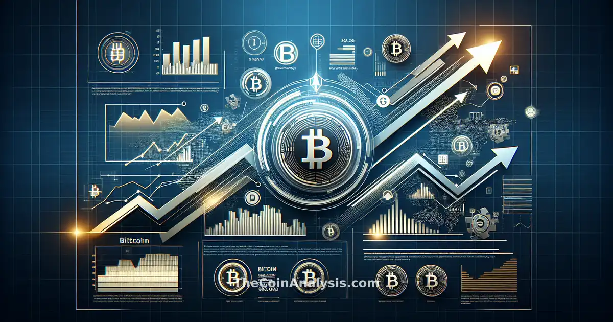 Infographie moderne avec graphiques en hausse, silhouettes institutionnelles, logos Bitcoin et flèches dynamiques.