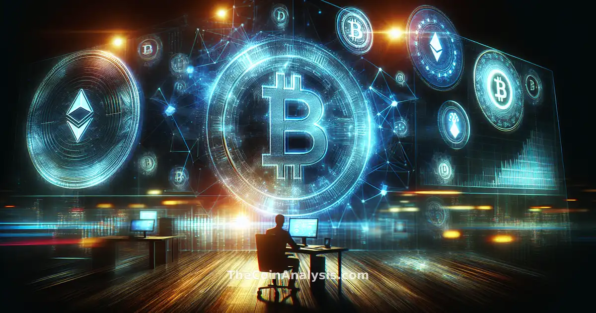 Illustration numérique avec chaînes de blocs fracturées, icônes crypto en chute et éclairage dramatique rougeoyant.