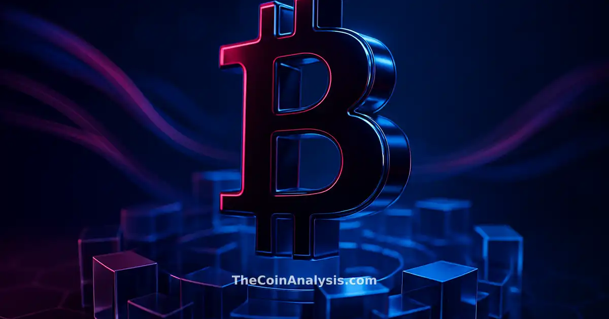 Symbole Bitcoin 3D brillant entouré de blocs translucides et rubans de données sur fond bleu nuit et magenta.