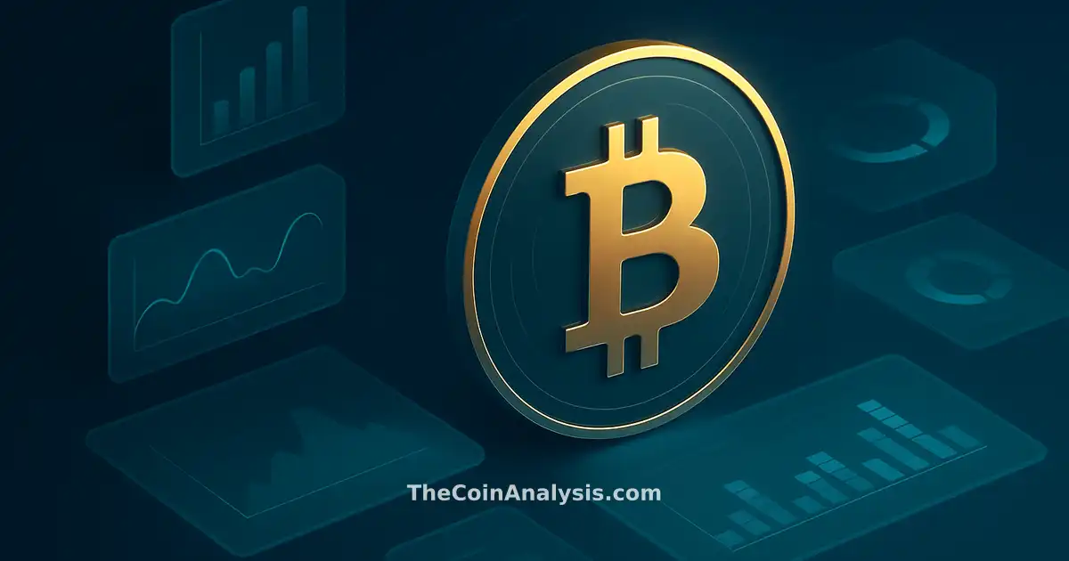 Pièce Bitcoin stylisée dorée entourée de formes quantiques abstraites sur fond bleu nuit isométrique.