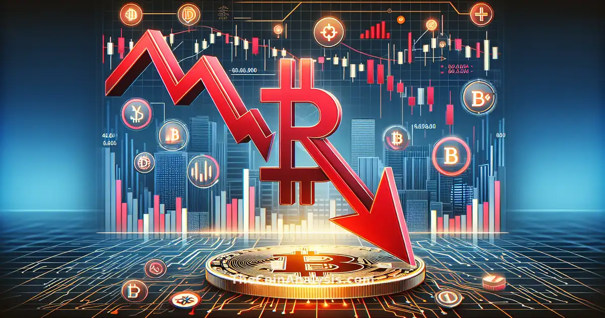 Infographie moderne montrant la chute du Bitcoin avec flèches rouges, chandeliers boursiers et icônes de liquidations.