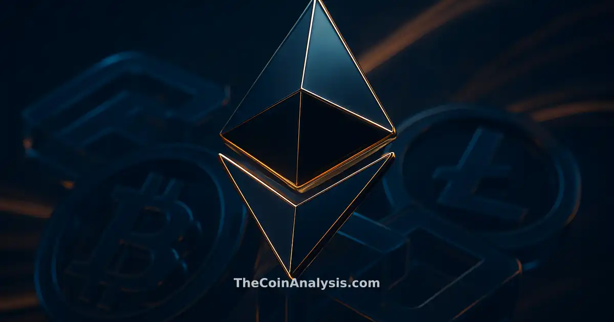 Symbole Ethereum stylisé brillant entouré de blocs translucides et rubans de données sur fond sombre hexagonal.