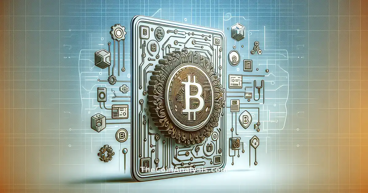 Carte moderne en verre avec Bitcoin stylisé entouré d’éléments quantiques évoquant cybersécurité et innovation.