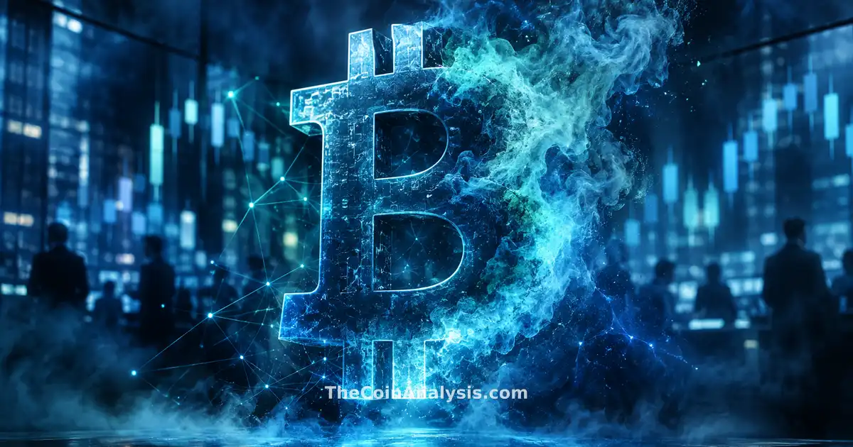 Symbole Bitcoin lumineux se dissolvant en fumée devant un sol de trading abstrait avec graphiques fantomatiques.