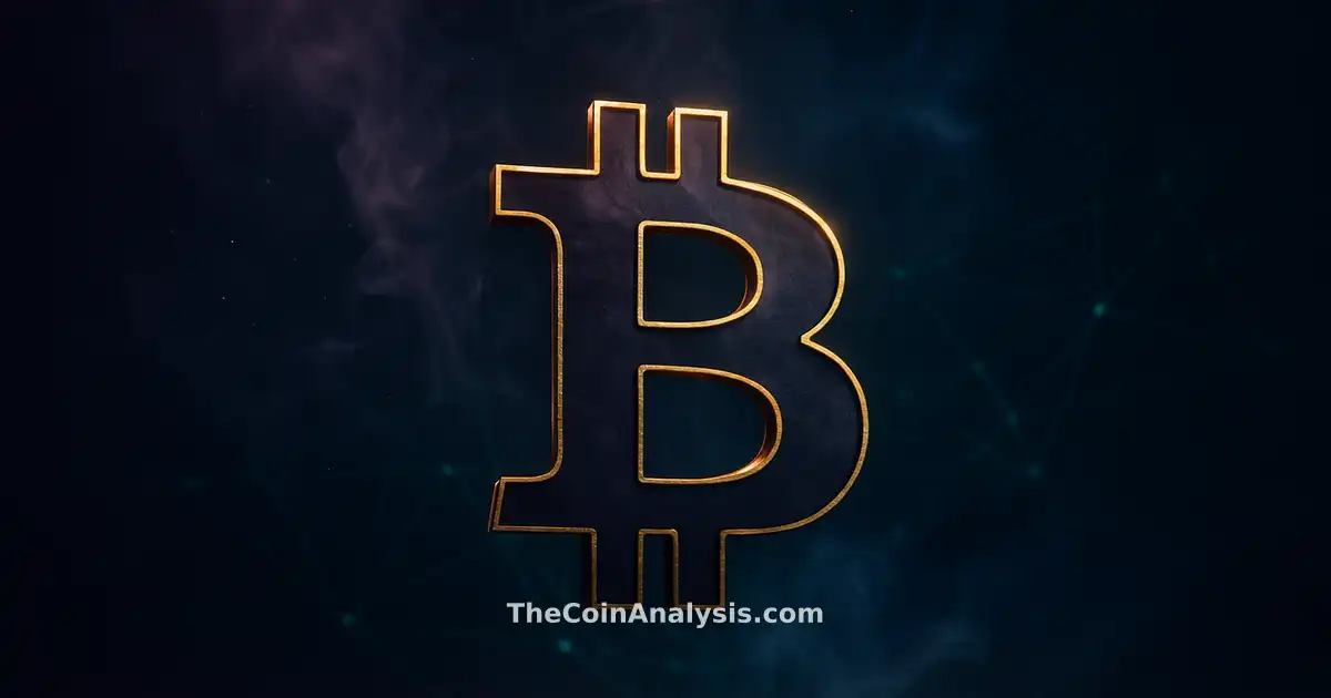 Symbole Bitcoin stylisé lumineux entouré de filaments réseau et particules remontant sur fond bleu nuit profond.