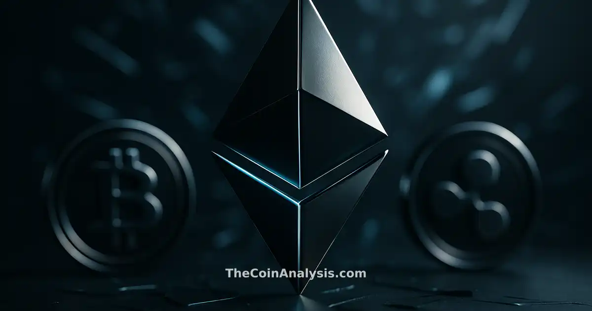 Glyphe Ethereum en 3D fendu en deux, lumières bleues, éclats digitaux sur fond sombre flou