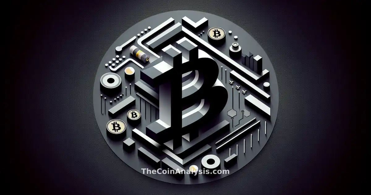 Graphique moderne avec formes géométriques audacieuses et grand symbole Bitcoin stylisé évoquant puissance financière.