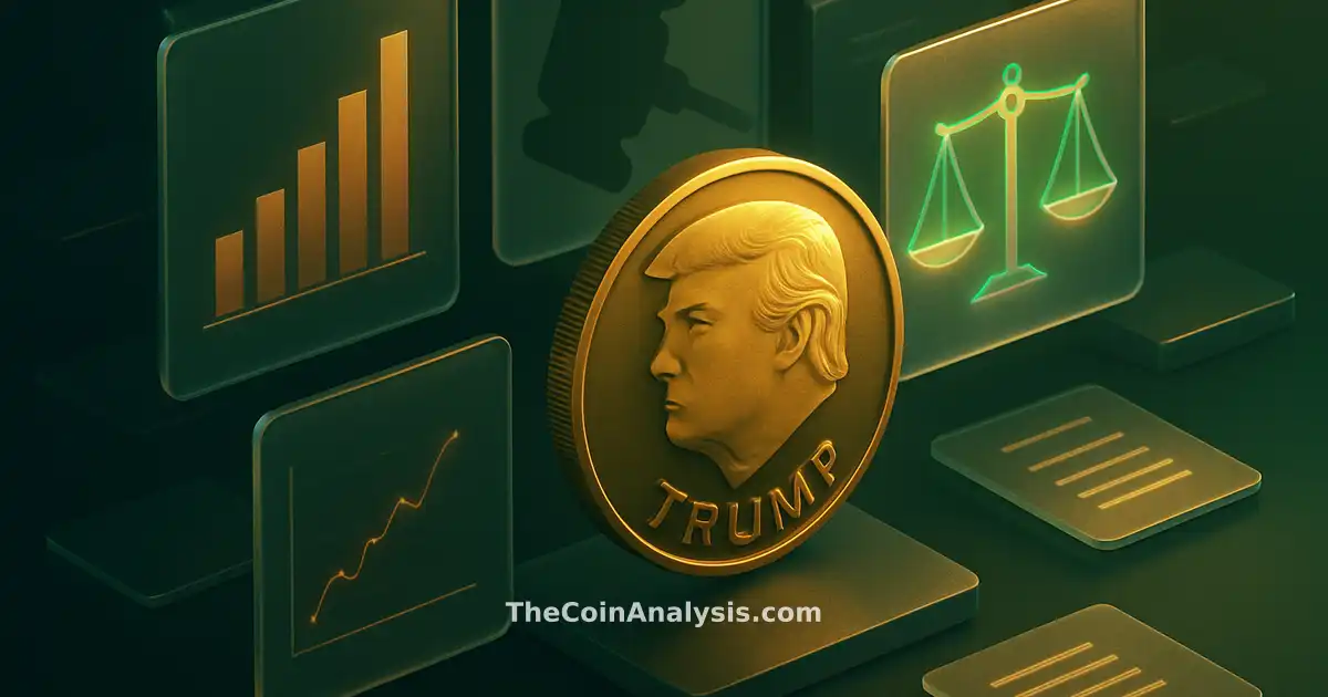 Pièce stylisée TRUMP en verre givré flottant, balances de justice géométriques et documents holographiques verts et dorés.