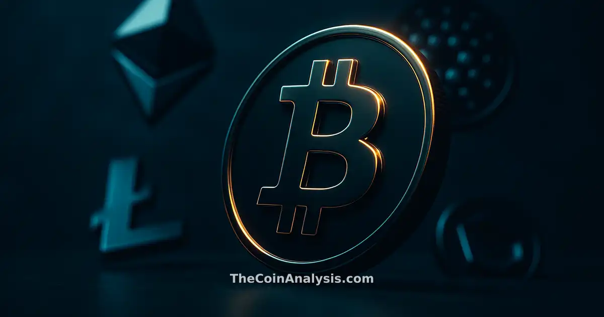 Pièce Bitcoin 3D brillante avec liseré doré sur fond bleu marine sombre, éclairage dramatique et flou artistique.