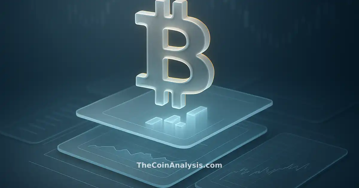Symbole Bitcoin en verre givré doré flottant au-dessus de panneaux de données isométriques bleus et gris.