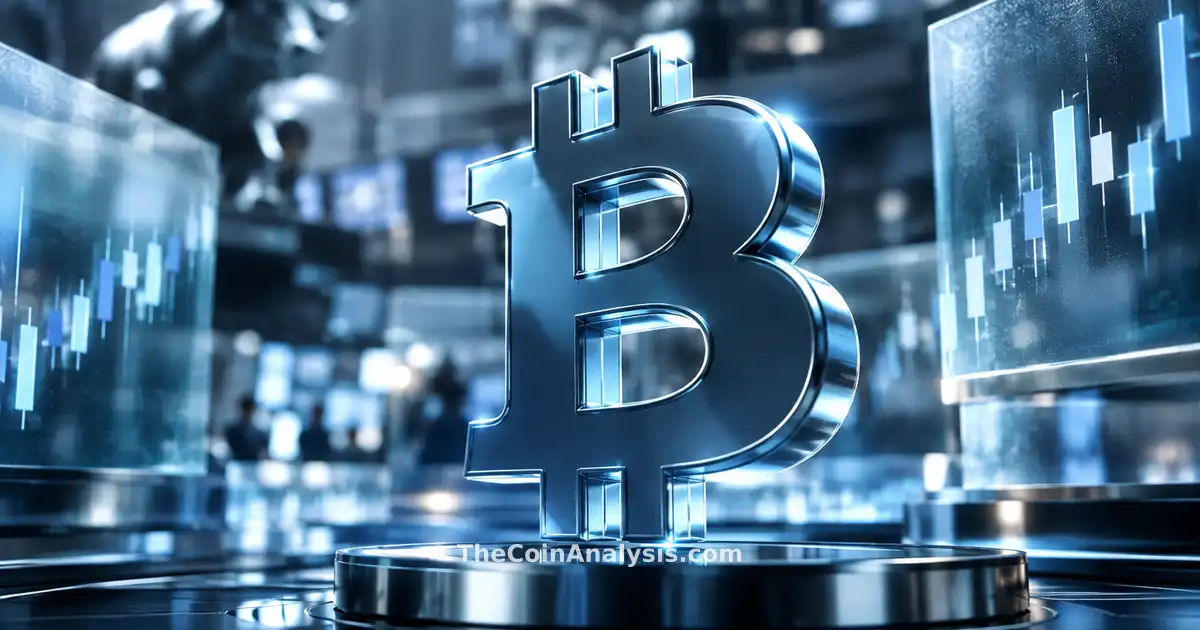 Symbole Bitcoin 3D brillant en gros plan, éclairage dramatique, fonds boursiers abstraits flous gris-bleu.