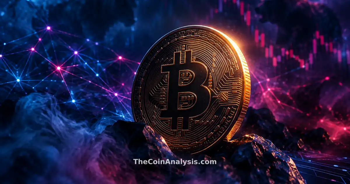 Pièce Bitcoin stylisée éclairée d’une lueur dorée sur fond bleu nuit avec motifs abstraits de circuits et fumée.