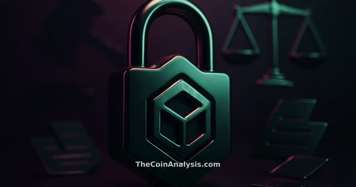 Verrou 3D stylisé fusionné avec un nœud blockchain, silhouette de marteau et balances de justice, documents fragmentés.