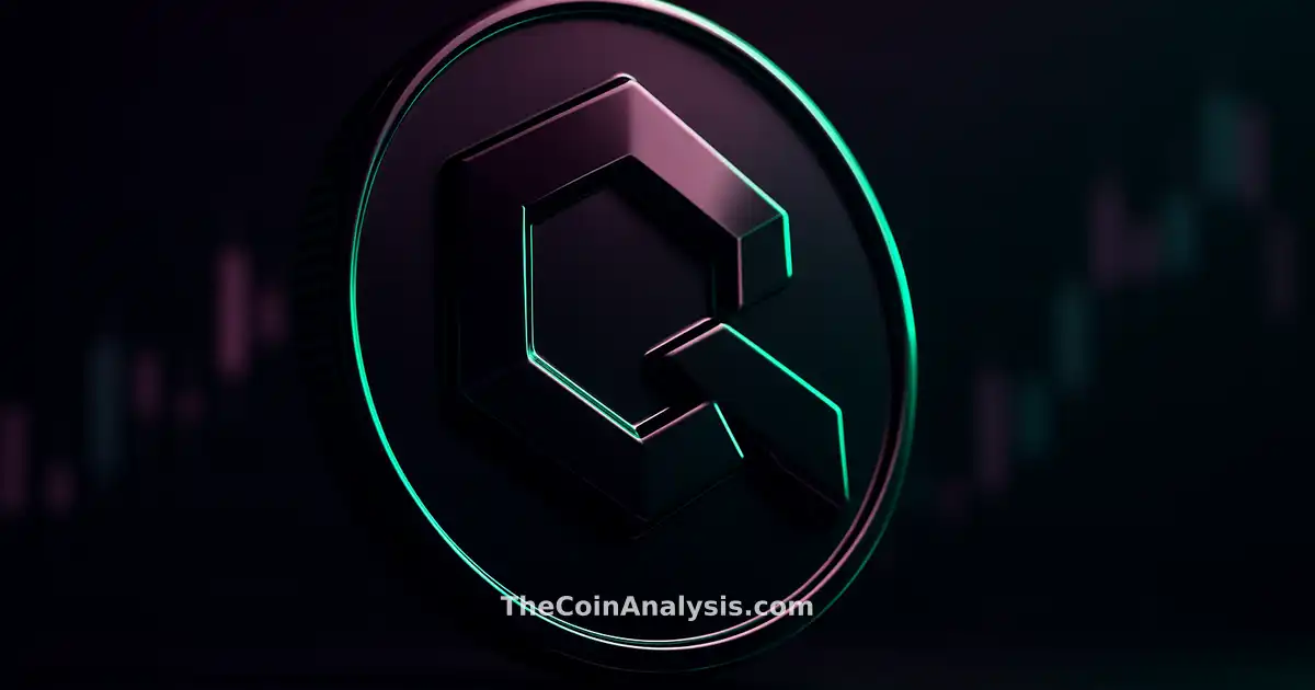 Glyphe 3D brillant du token Quant ($QNT) en lumière rasante, fond sombre avec chandeliers boursiers flous.