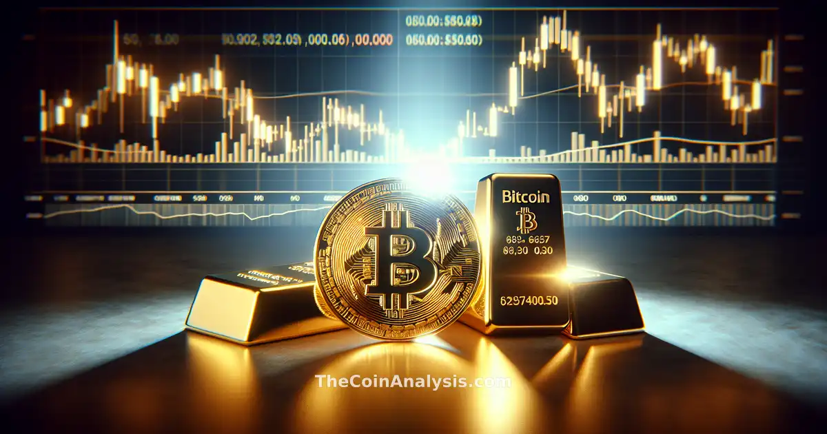 Bitcoin 3D brillant posé sur des lingots d’or avec un graphique boursier en arrière-plan dramatique.