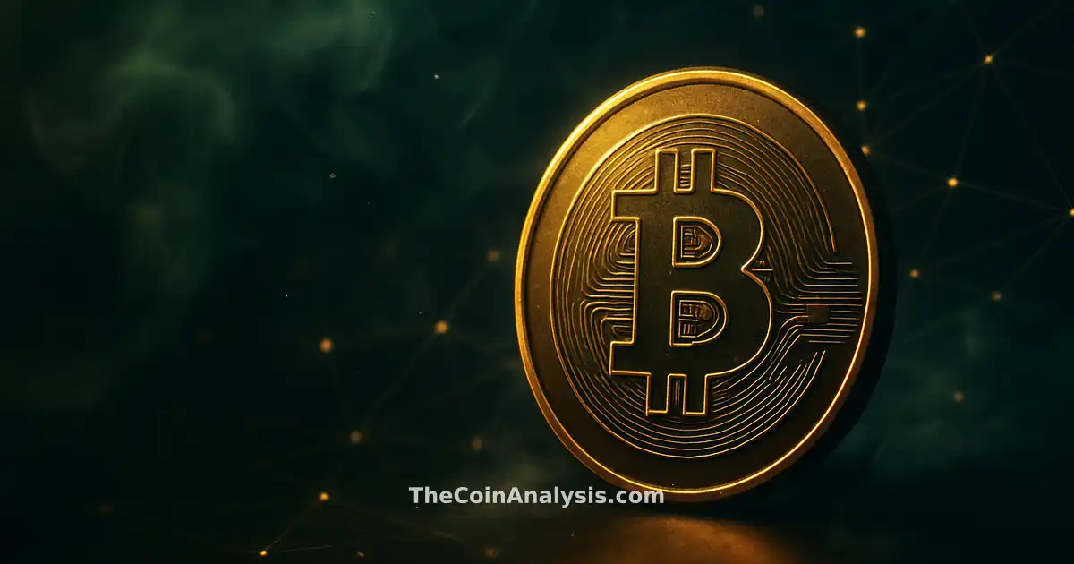 Pièce Bitcoin stylisée dorée, effet lumineux et fumée sur fond bleu marine avec filaments de réseau brillants.