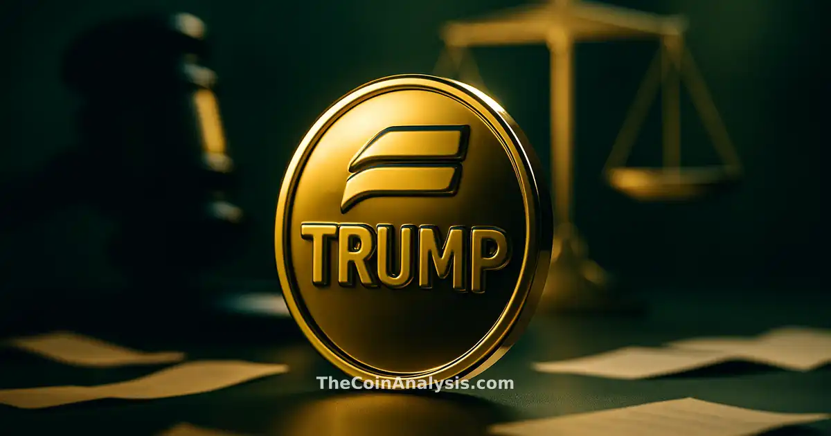Symbole TRUMP crypto brillant au centre, entouré d’un marteau, balances de justice et fragments de documents flous.
