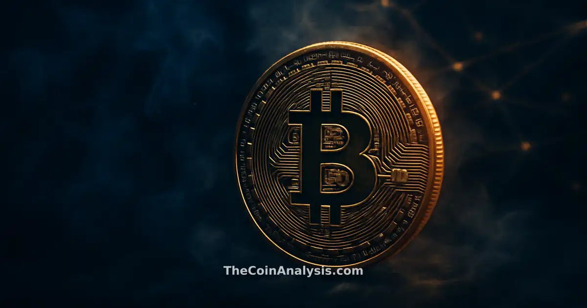 Pièce de Bitcoin stylisée éclairée d’un liseré doré, entourée de fumée tourbillonnante sur fond bleu nuit.