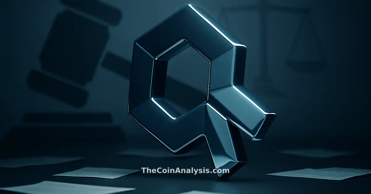 Symbole Quant 3D brillant avec marteau géométrique et balances de justice floues sur fond gris et bleu glacé.