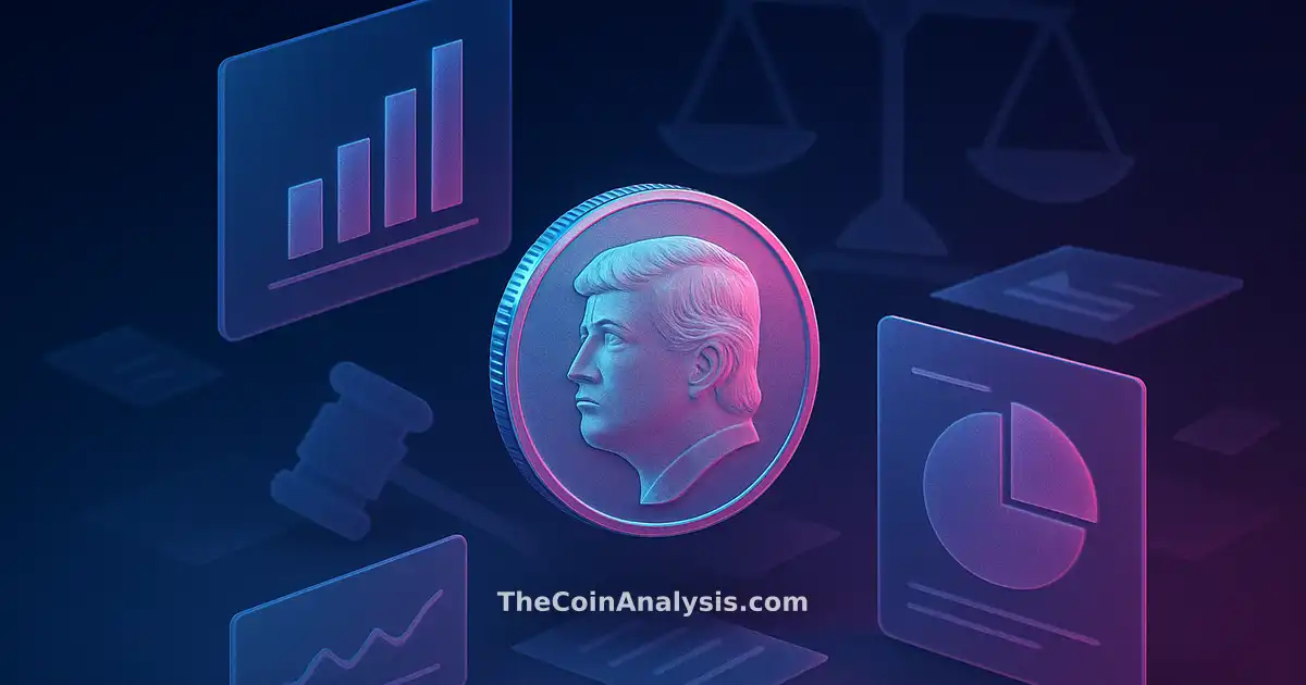 Pièce stylisée TRUMP flottant avec balances de justice géométriques et panneaux vitrés holographiques en bleu et magenta.