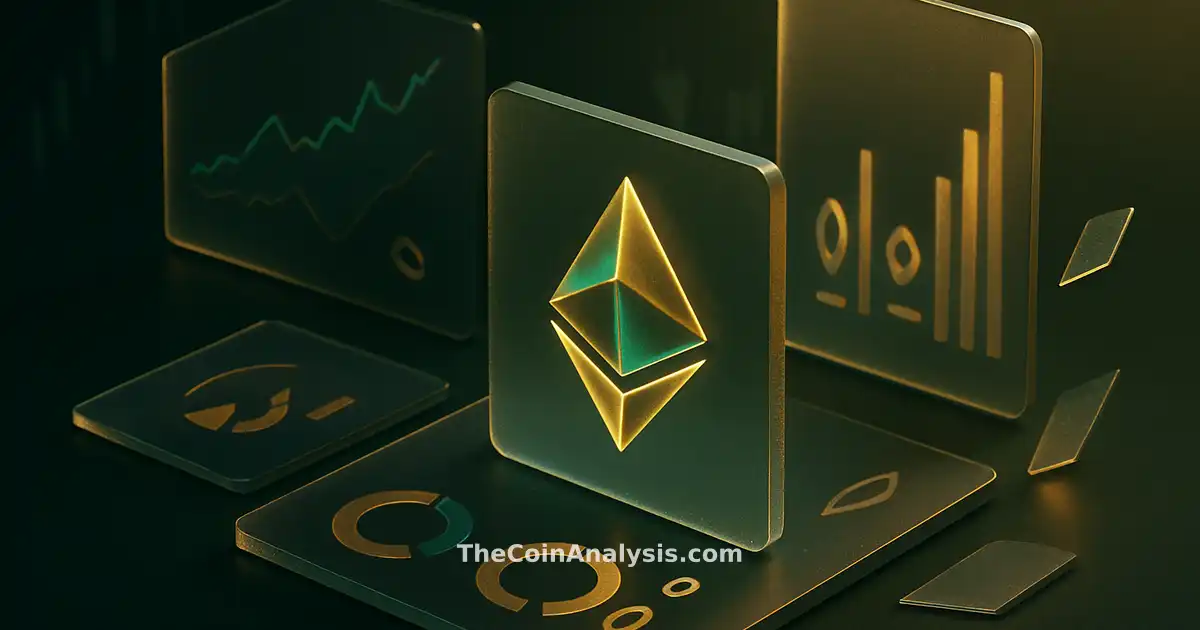 Illustration isométrique stylisée d’un glyphe Ethereum en verre givré avec des panneaux flottants et des chandeliers boursiers.