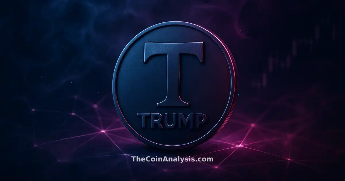 Symbole TRUMP stylisé lumineux sur fond bleu nuit et magenta, filaments réseau et bougies de marché abstraites.