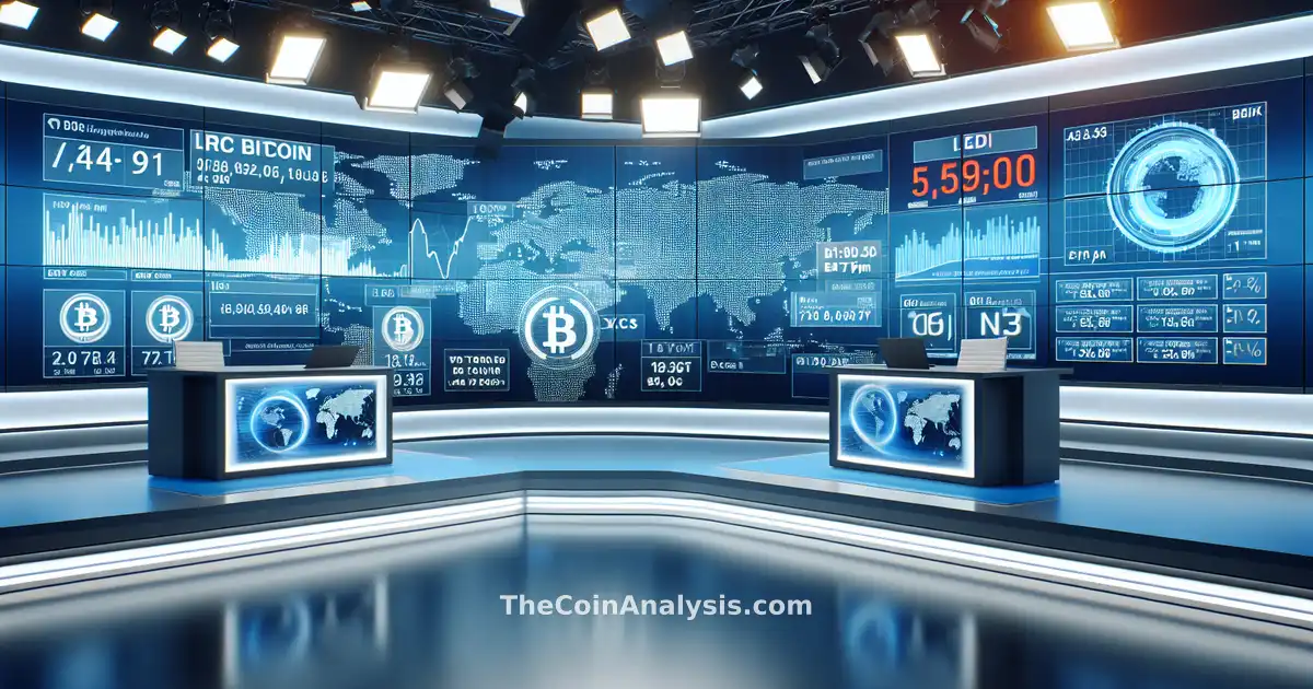 Plateau de journal télévisé avec graphiques numériques de volatilité Bitcoin et images tendues Iran-USA sur fond mondial.